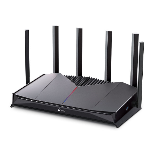 Wifi router with six antennas, angled view